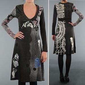 Desigual Vintage Y2K Jonny Dress Long Sleeve Black Beaded Embroidered Size Large